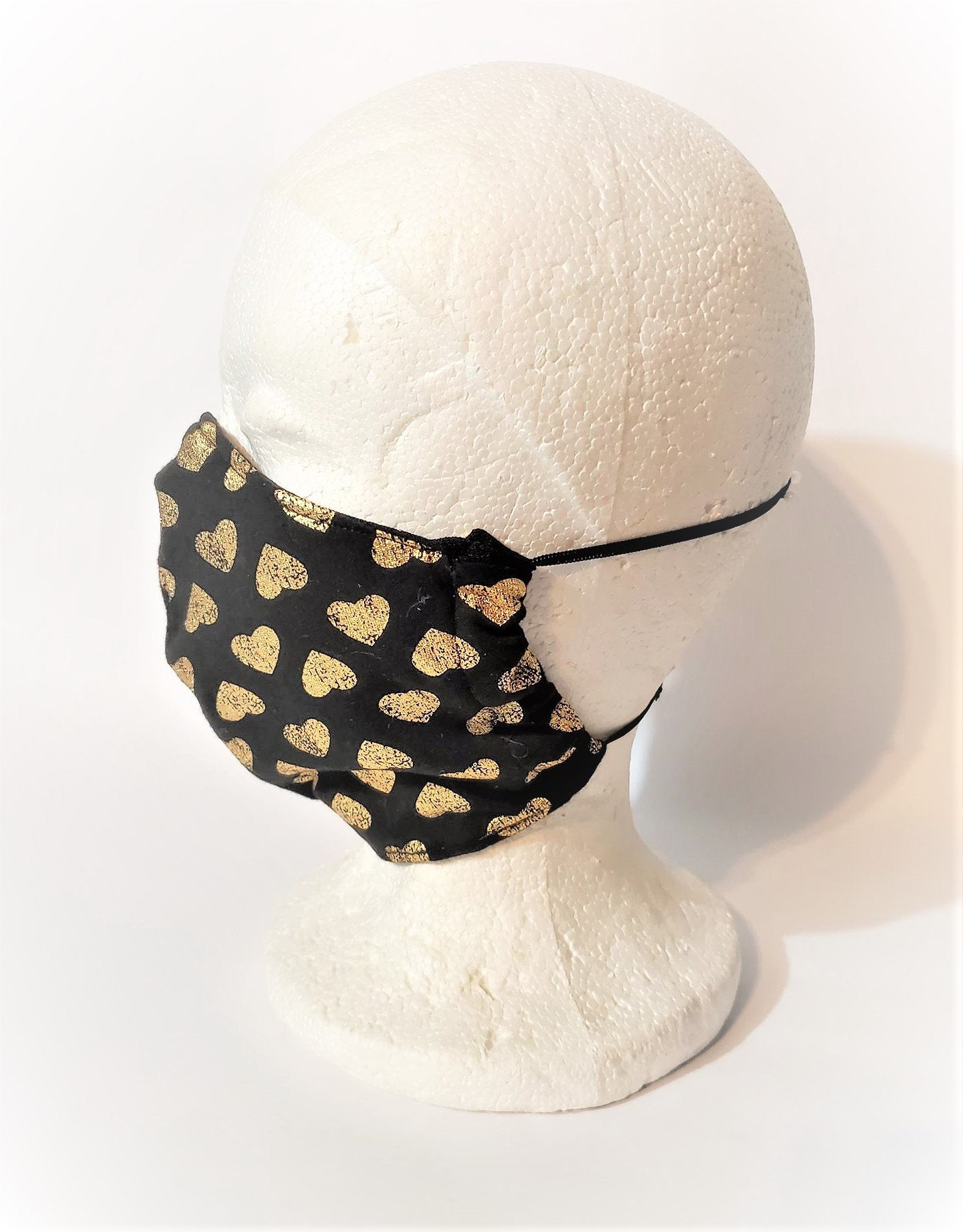 GOLD HEARTS BLACK Adult Face Mask Double Layer Face Cover Washable Reusable Made in Orange, California