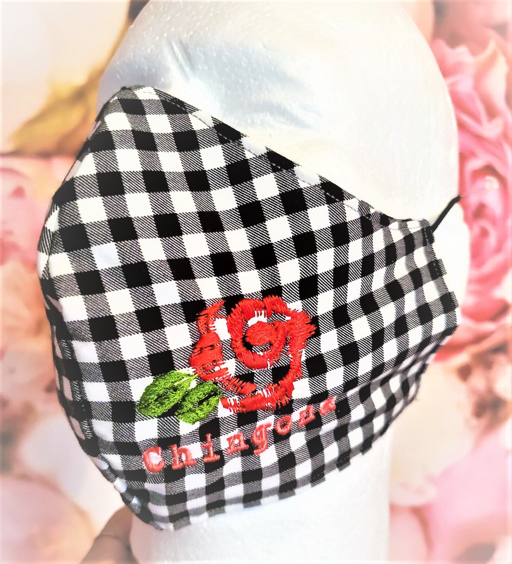 CHINGONA RED ROSE Embroidered Adult Face Mask Double Layer Face Cover Washable Reusable Made in Orange, California
