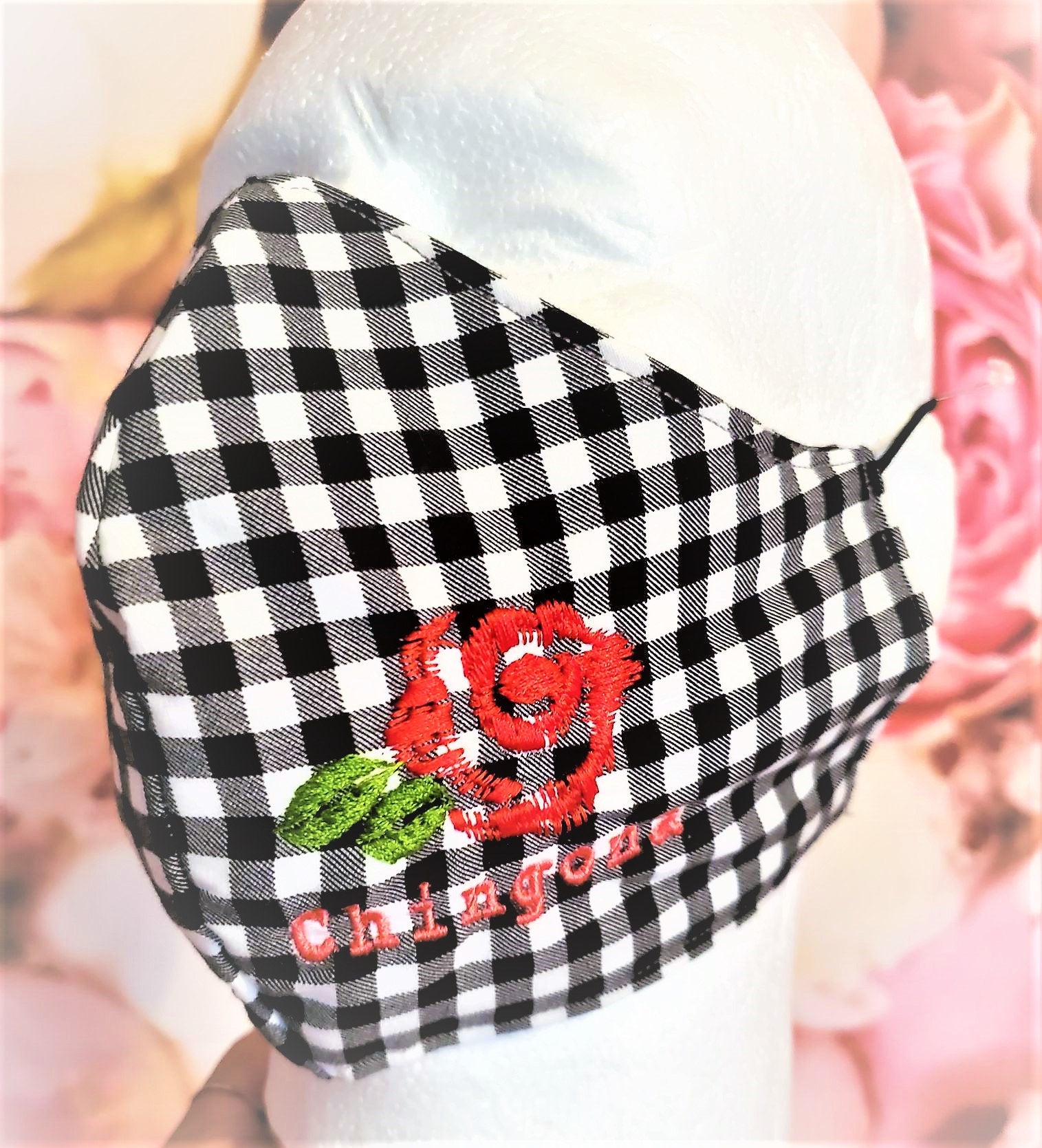 CHINGONA RED ROSE Embroidered Adult Face Mask Double Layer Face Cover Washable Reusable Made in Orange, California