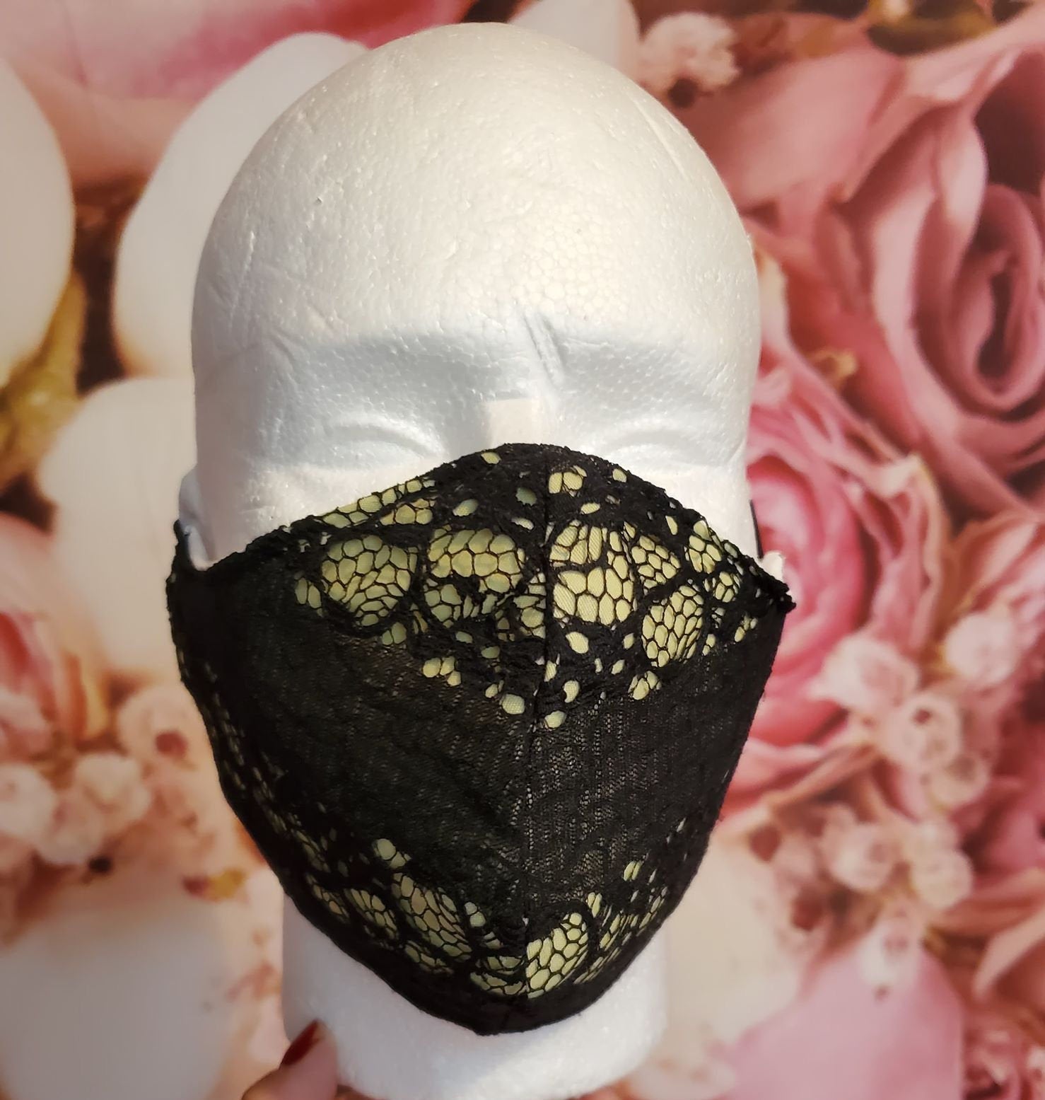 LACE BLACK & YELLOW Adult Face Mask Double Layer Face Cover Washable Reusable Made in Orange, California