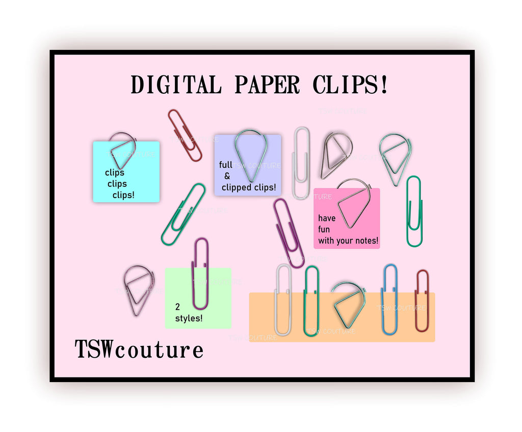 DIGITAL PAPER CLIPS Digital Paper Clips - Paper Clip Clip Art Paper Clip Embellishments  Office Clip Art Instant Download - School Clip Art