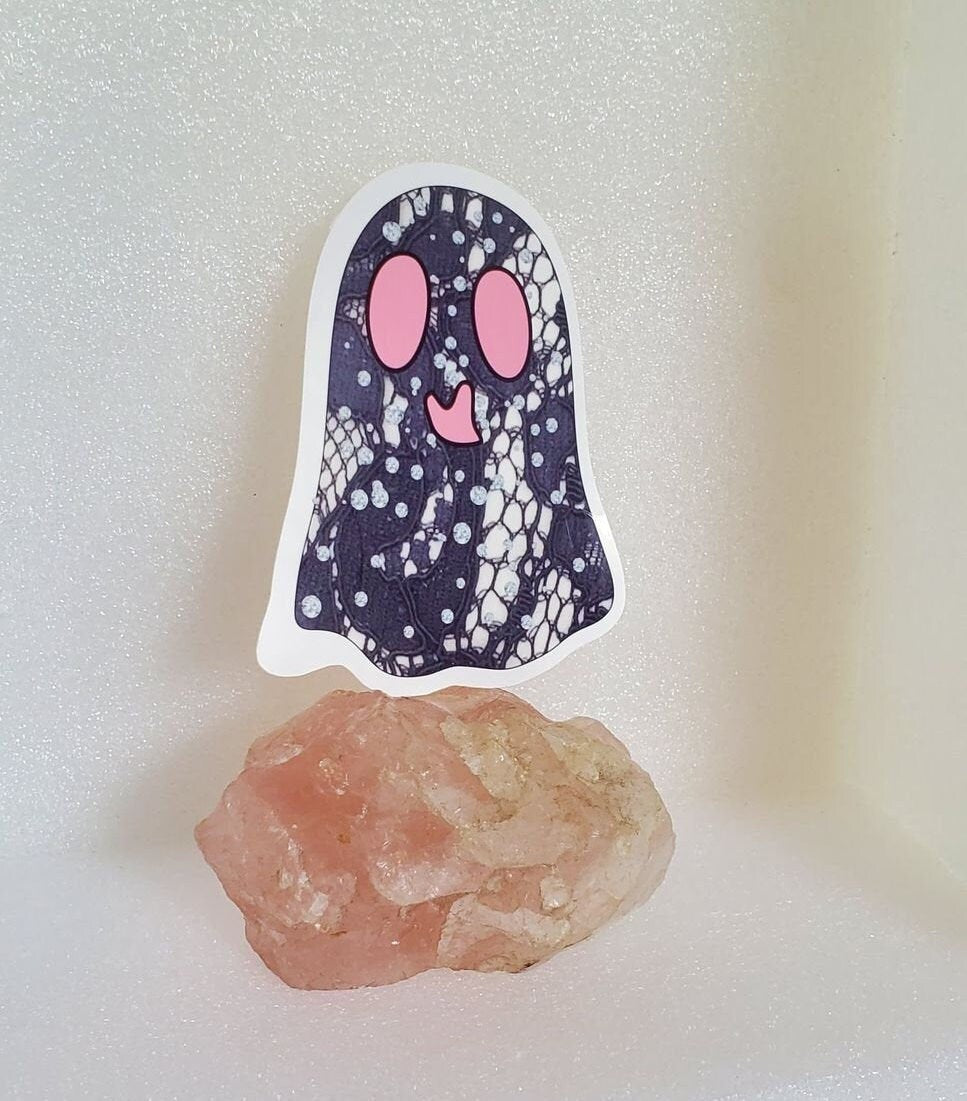 LACE & DIAMOND GHOSTIE Parababes Sticker Label Glossy Weather  proof 3" Ghost Stickers Phantom Ghost Label Lace and Diamonds