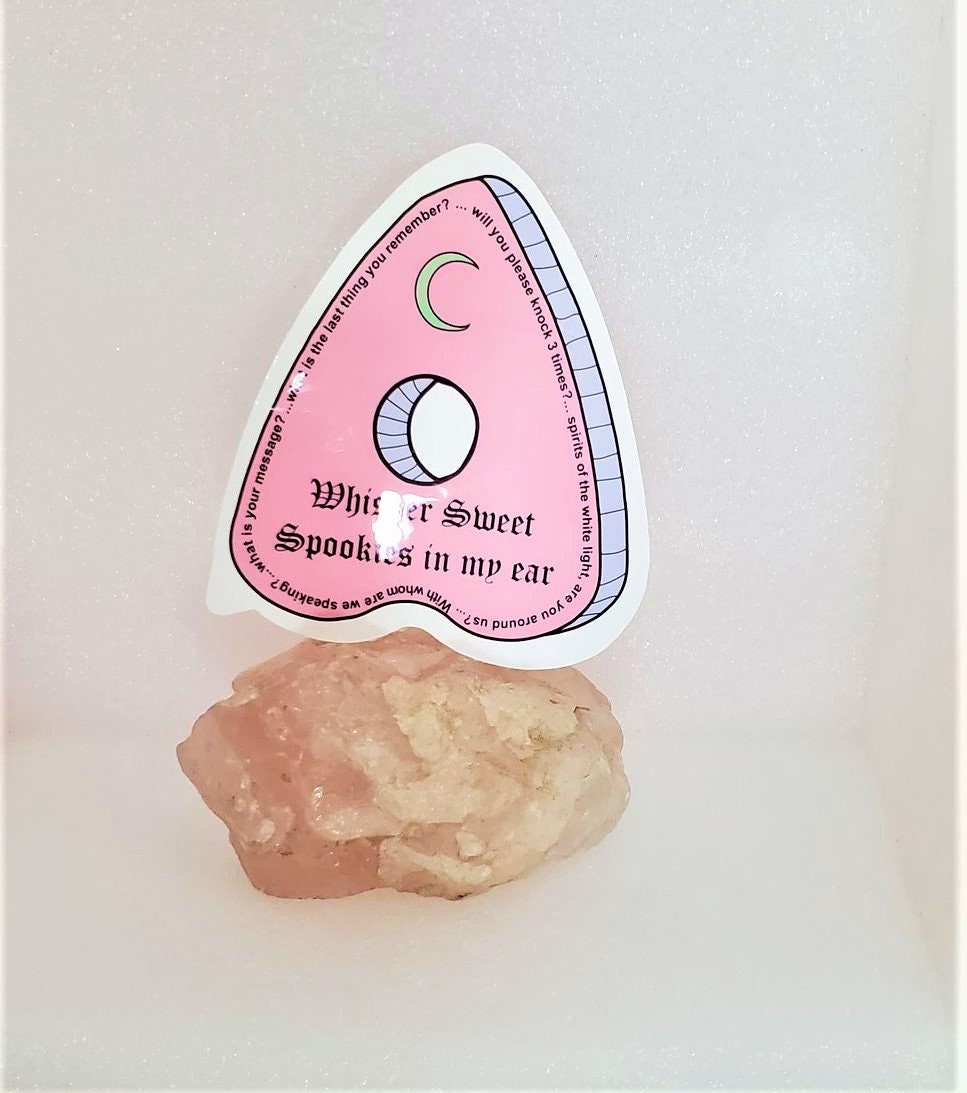 WHISPER SWEET SPOOKIES In My Ear Pink Planchette Parababes Sticker Label Glossy Weather  proof 3" Ghost Stickers Ghost Label Lace Moon