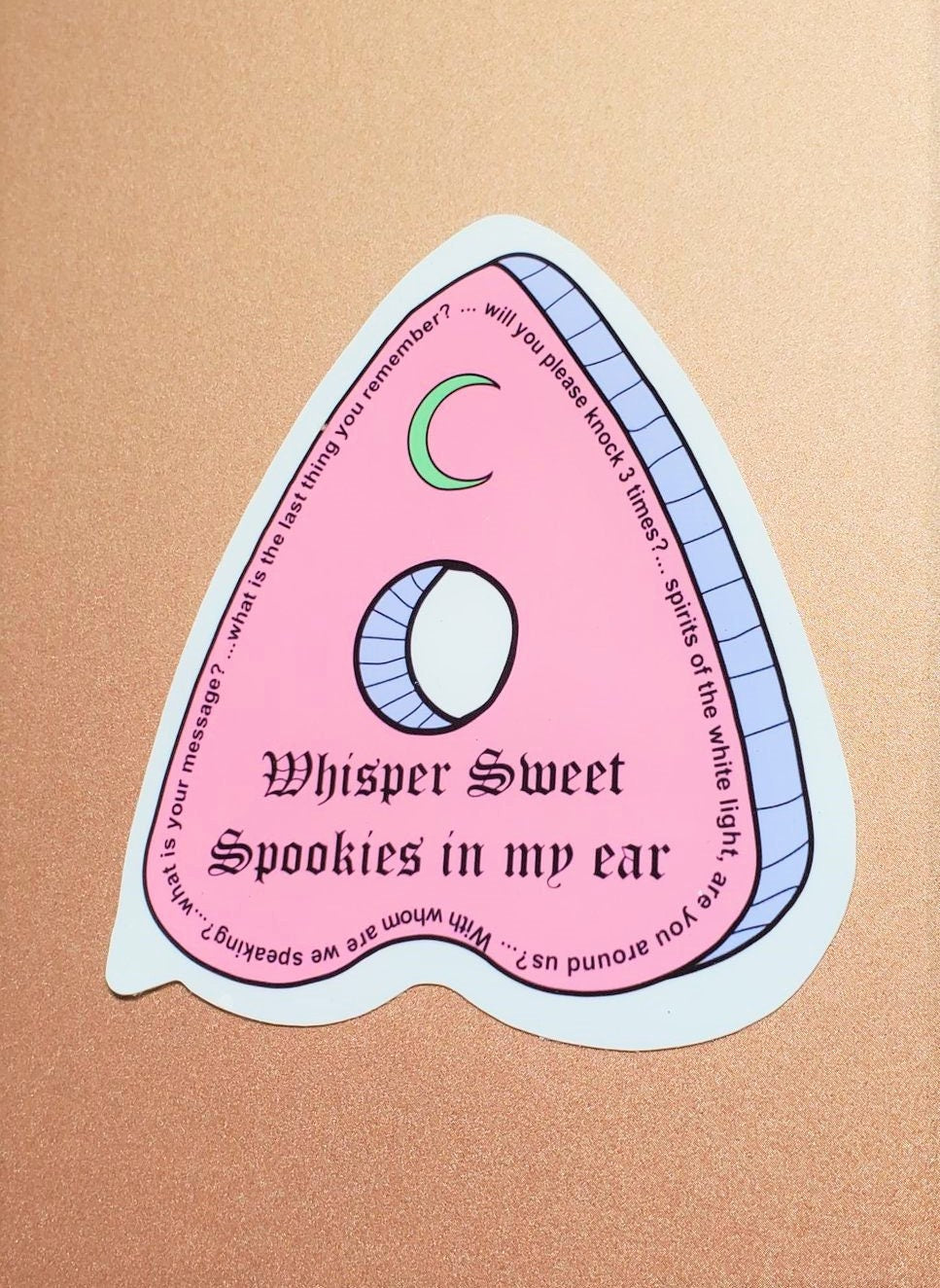 WHISPER SWEET SPOOKIES In My Ear Pink Planchette Parababes Sticker Label Glossy Weather  proof 3" Ghost Stickers Ghost Label Lace Moon
