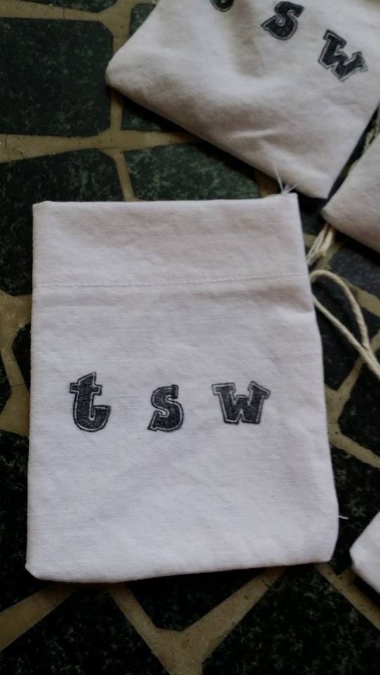 1 DRAWSTRING BAG 5 X 3.5" Hand Stamped White Cotton Jewelry Bag