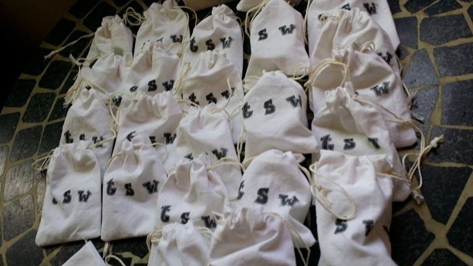 1 DRAWSTRING BAG 5 X 3.5" Hand Stamped White Cotton Jewelry Bag