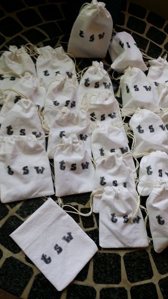 1 DRAWSTRING BAG 5 X 3.5" Hand Stamped White Cotton Jewelry Bag