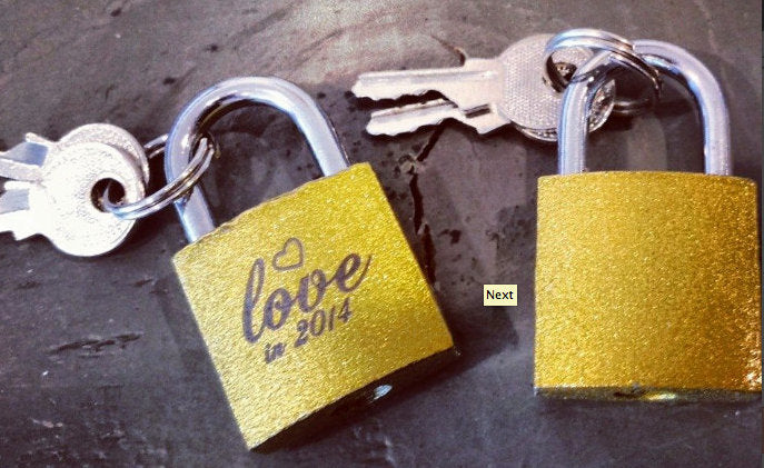 ETCHED GOLD LOCK  & 2 keys Custom Laser Engraved Medium 1.5 or Large 2.5 inch  Lock Custom Quote or Name or Date Front and Back