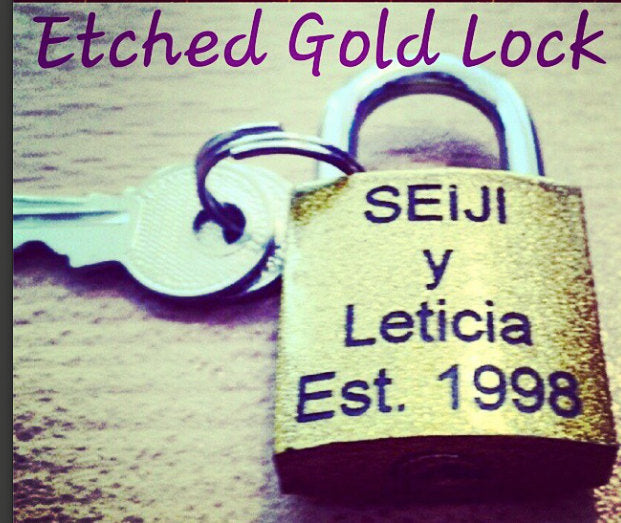 ETCHED GOLD LOCK  & 2 keys Custom Laser Engraved Medium 1.5 or Large 2.5 inch  Lock Custom Quote or Name or Date Front and Back
