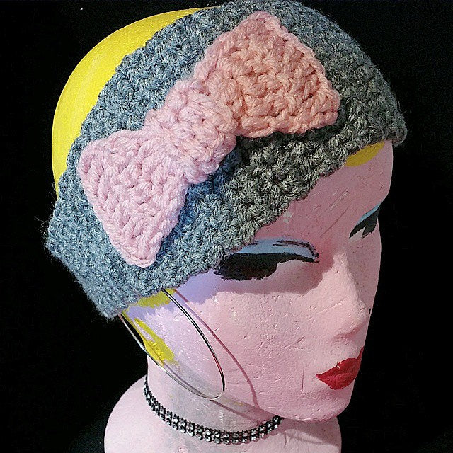 Wide Pink Bow Headband Hand Crochet