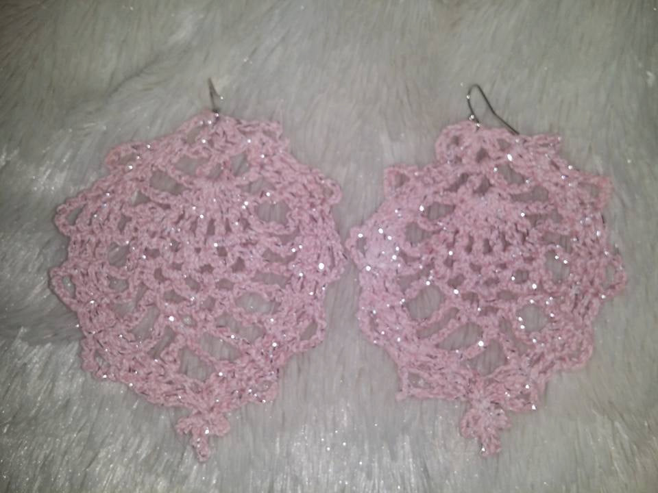 1 Pair Pink Glitter CROCHET HOOP Earrings Hand made Yarn earrings hoops
