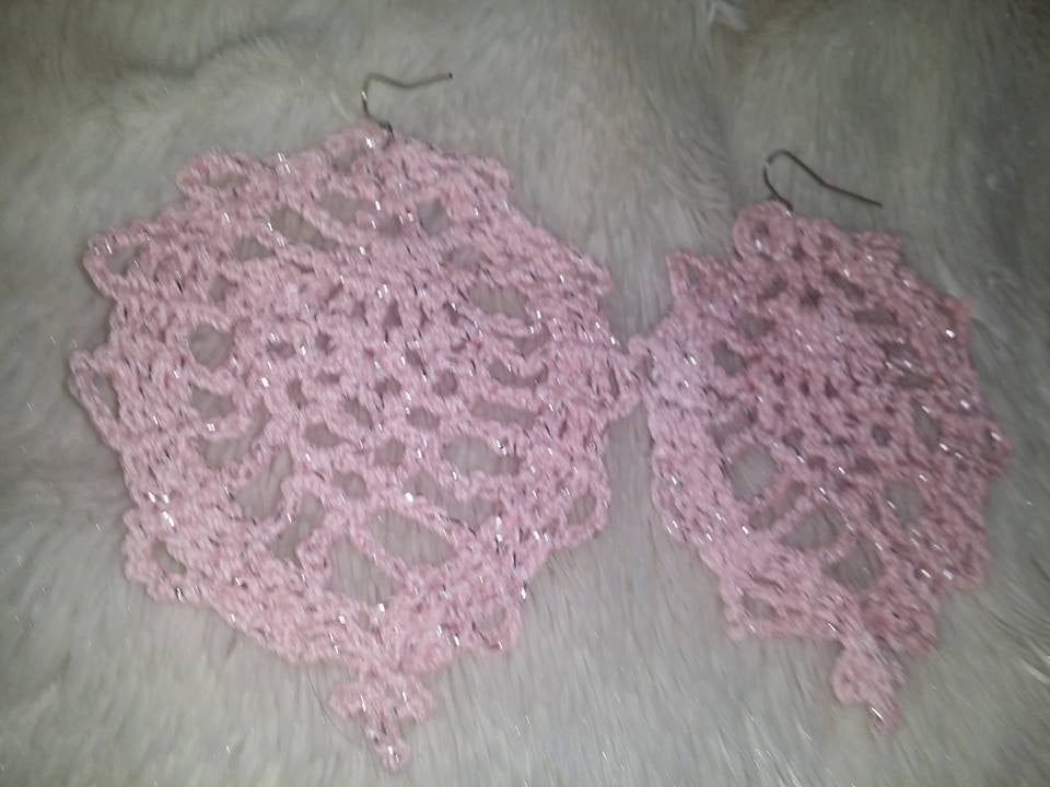 1 Pair Pink Glitter CROCHET HOOP Earrings Hand made Yarn earrings hoops
