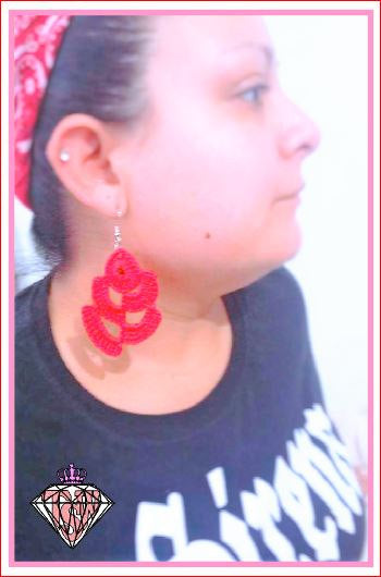1 Pair Red Flower CROCHET Dangle EARRINGS Hand made Yarn earrings