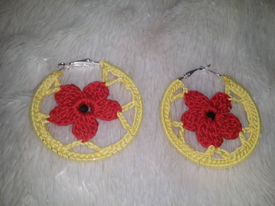 1 Pair FLOWER CROCHET HOOP Earrings Hand made Yarn earrings